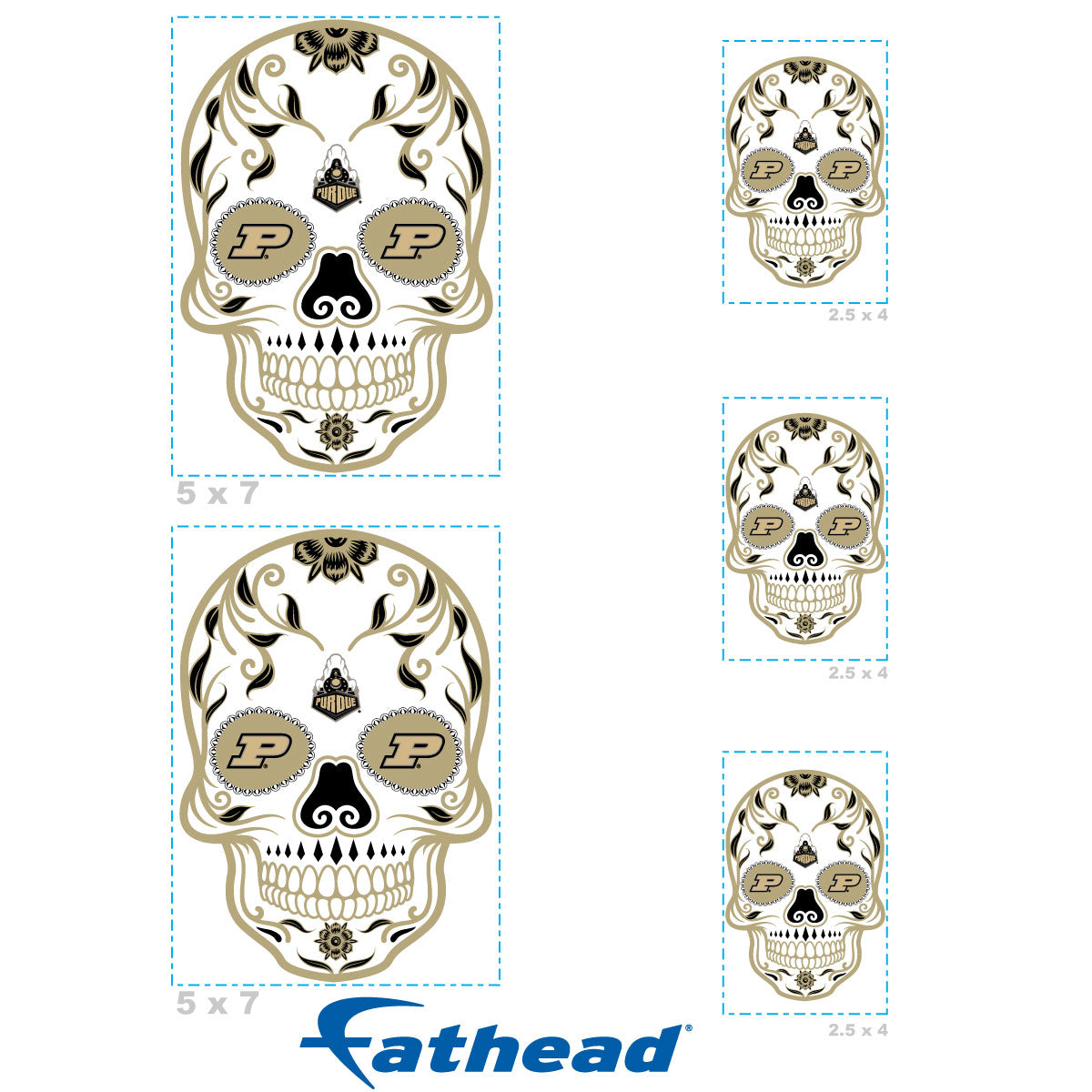 Sheet of 5 -Purdue Boilermakers: Skull Minis - Officially Licensed NCAA Removable Adhesive Decal