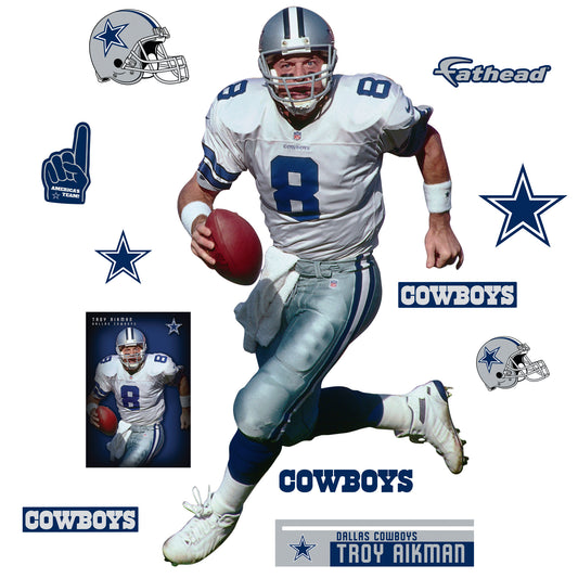 Life-Size Athlete + 11 Decals Quarterback with the Dallas Cowboys for 12 consecutive seasons and inducted in the Pro Football Hall of Fame in 2006, the IceMan can now be memorialized as one of the greats in your den or bedroom with this officially licensed NFL Troy Aikman: Legend removeable wall decal. Featuring the navy blue, metallic silver, royal blue, and white of America's Team no flags will be called for this durable decal that ensures Aikman can be making passes for seasons to come.