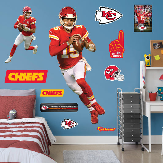 Life-Size Athlete + 10 Decals (40"W x 78"H) Bring the action of the NFL into your home with a wall decal of Patrick Mahomes! High quality, durable, and tear resistant, you'll be able to stick and move it as many times as you want to create the ultimate football experience in any room!