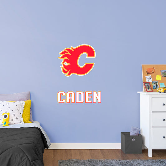Calgary Flames  Stacked Personalized Name White Text PREMASK  - Officially Licensed NHL Removable Wall Decal