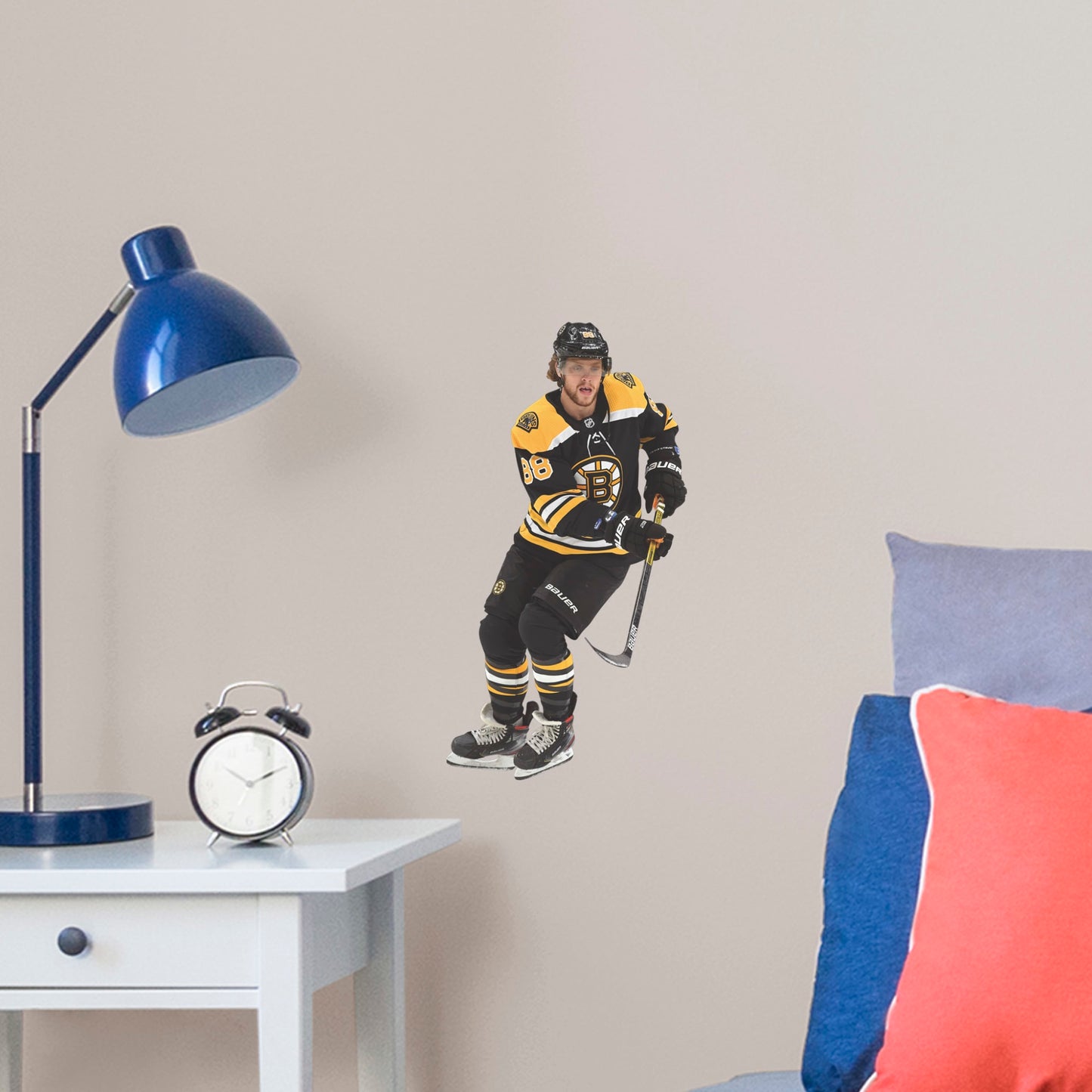 Large Athlete + 2 Decals (9"W x 16"H) He was the B's first-round pick in the 2014 NHL draft, and "Pasta" has since become one of the League's most prolific scorers. Bring the action into the game room, living room or locker room with this officially licensed NHL wall decal featuring Boston Bruins player David Pastrnak poised to skate into action.