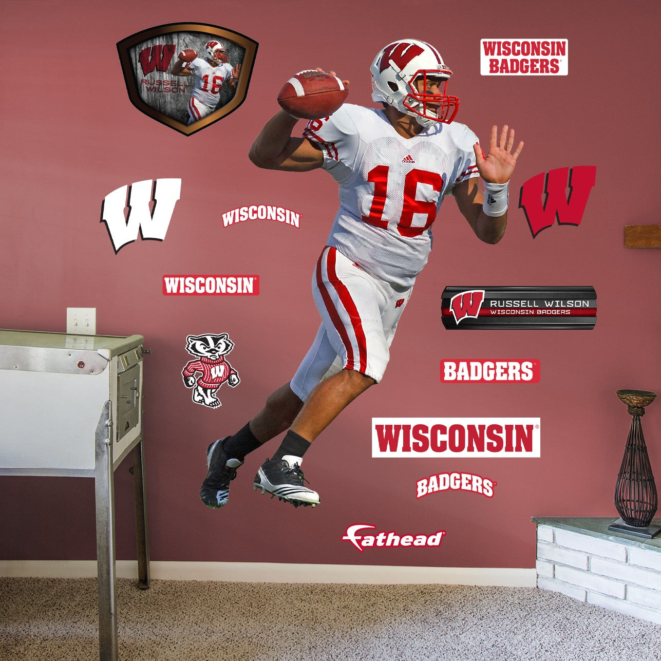 Russell Wilson Wisconsin Badgers Unsigned Red Jersey Handing Off Ball Photograph