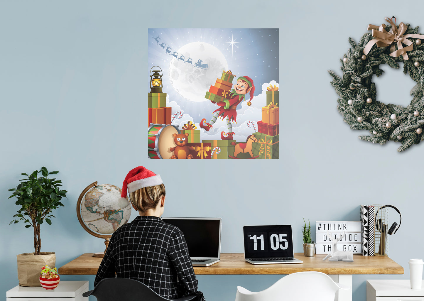 Seasons Decor: Winter Elf with Presents Mural        -   Removable     Adhesive Decal