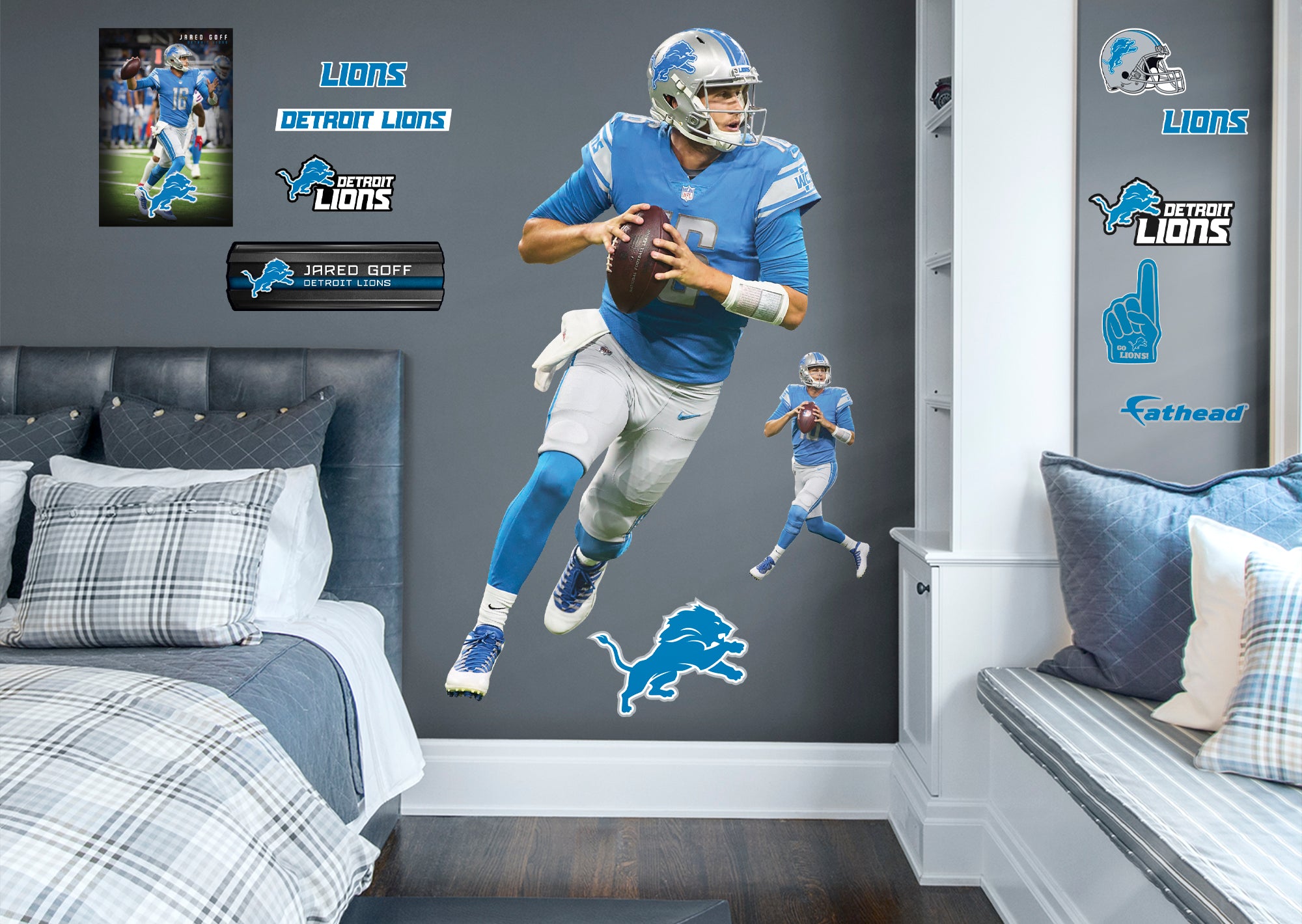 Detroit Lions: Jared Goff 2021 - NFL Removable Wall Adhesive Wall Decal Giant Athlete +2 Wall Decals 28'W x 51'H