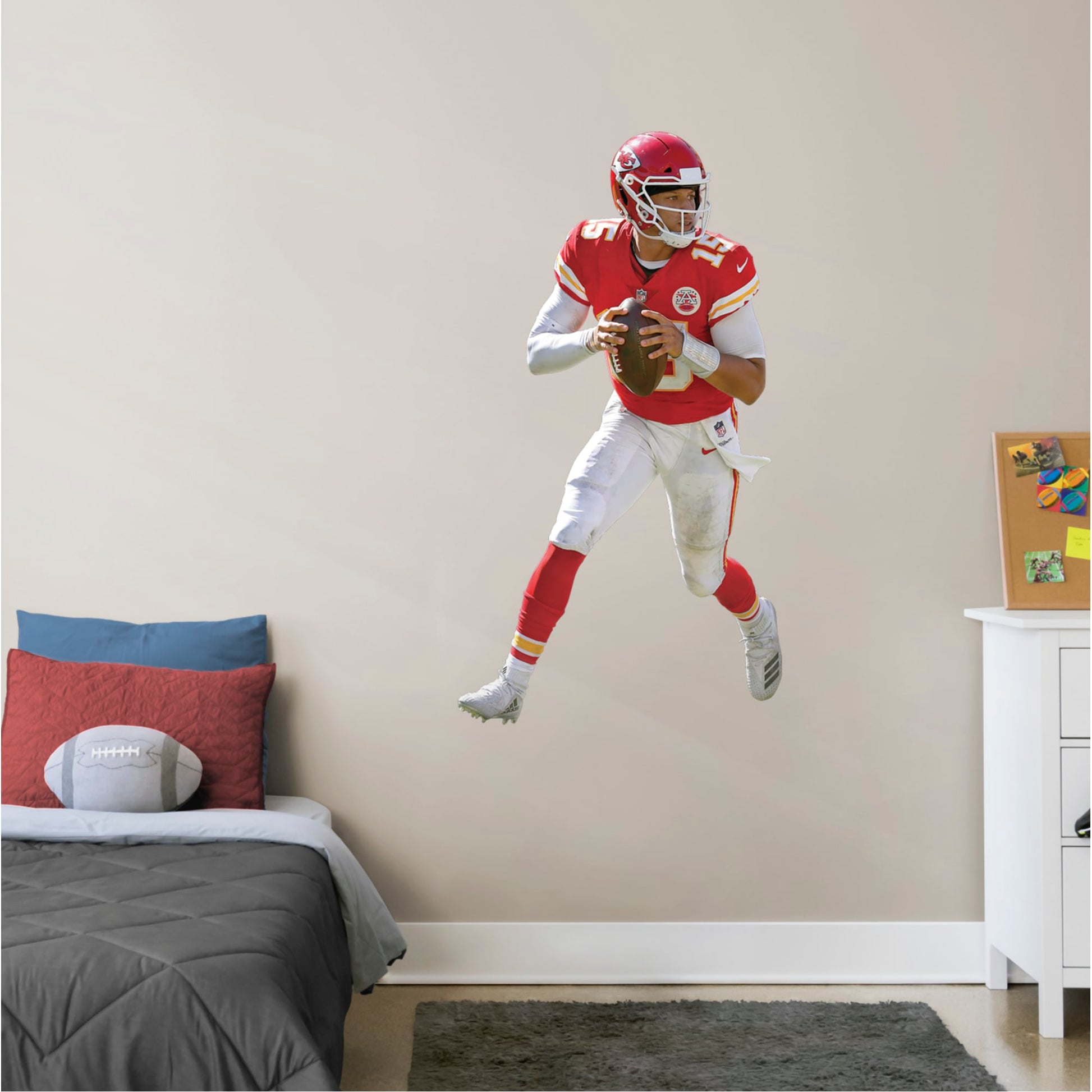 Giant Athlete + 2 Decals (28"W x 51"H) Chiefs fans understand "You Gotta Fight for Your Right To Party," but QB Patrick Mahomes makes winning look easy. The man they call Showtime led KC to the ultimate victory celebration at Super Bowl LIV. Now you can turn your home or office into a Sea of Red with a Patrick Mahomes Removable Wall Decal Collection. The sturdy vinyl, life-size version of the MVP would look good on a bedroom or home office wall. Go ahead, party on!