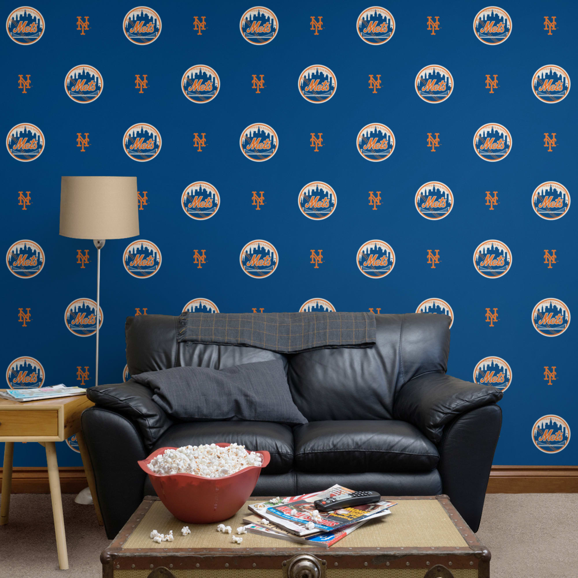 New York Mets (Blue): Logo Pattern - MLB Peel & Stick Wallpaper 12 x 12 Sample