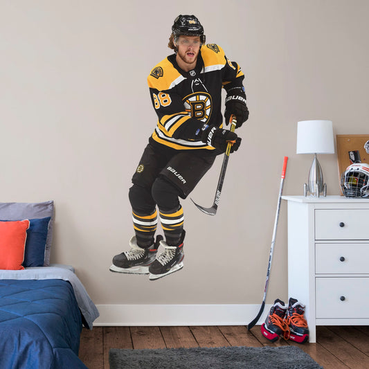 Life-Size Athlete + 2 Decals (41"W x 78"H) He was the B's first-round pick in the 2014 NHL draft, and "Pasta" has since become one of the League's most prolific scorers. Bring the action into the game room, living room or locker room with this officially licensed NHL wall decal featuring Boston Bruins player David Pastrnak poised to skate into action.