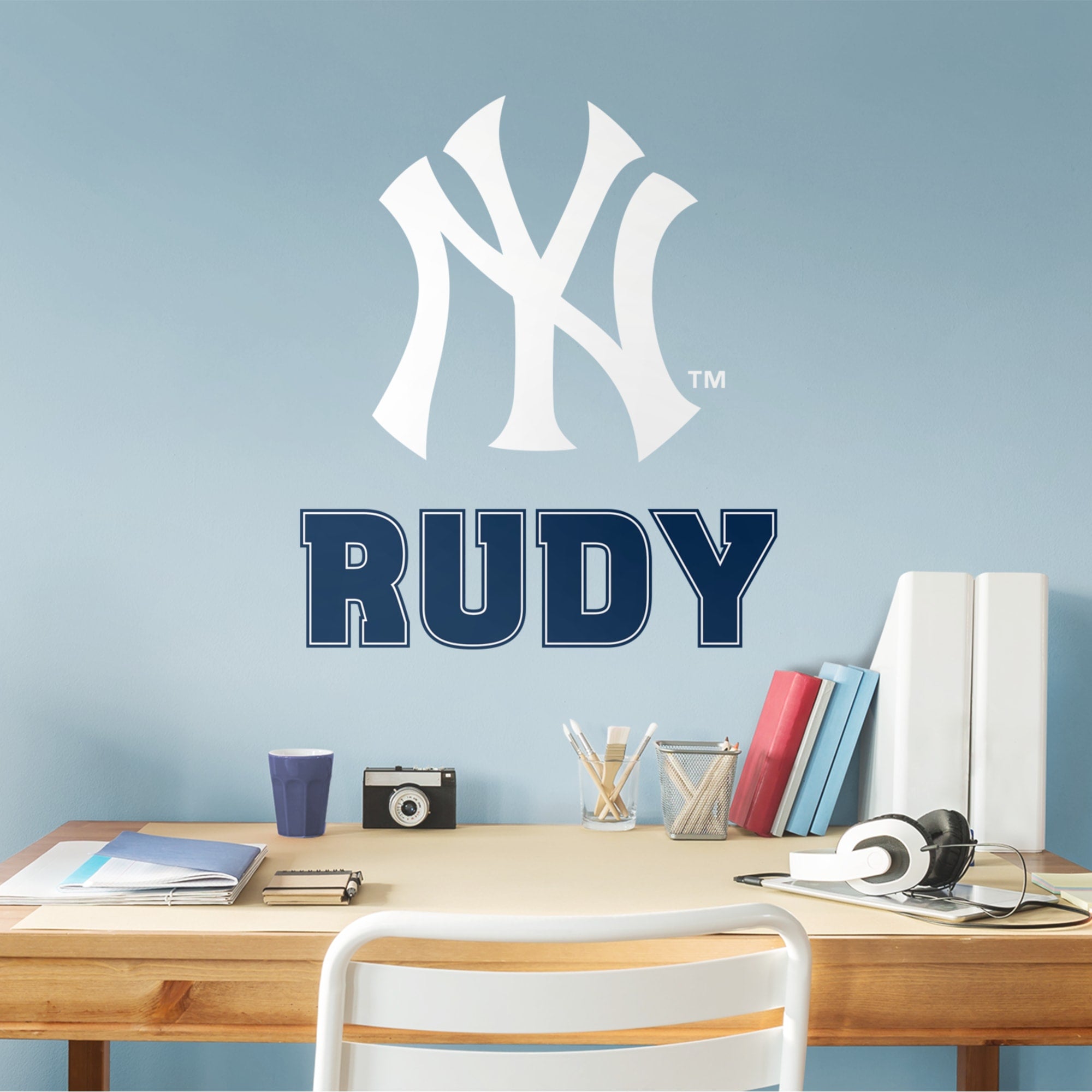 New York Yankees: Stacked NY Personalized Name - MLB Transfer Wall Decal in Navy (52W x 39.5H)