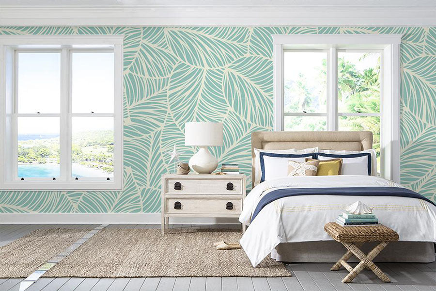 a bedroom featuring edgemont peel and stick wallpaper