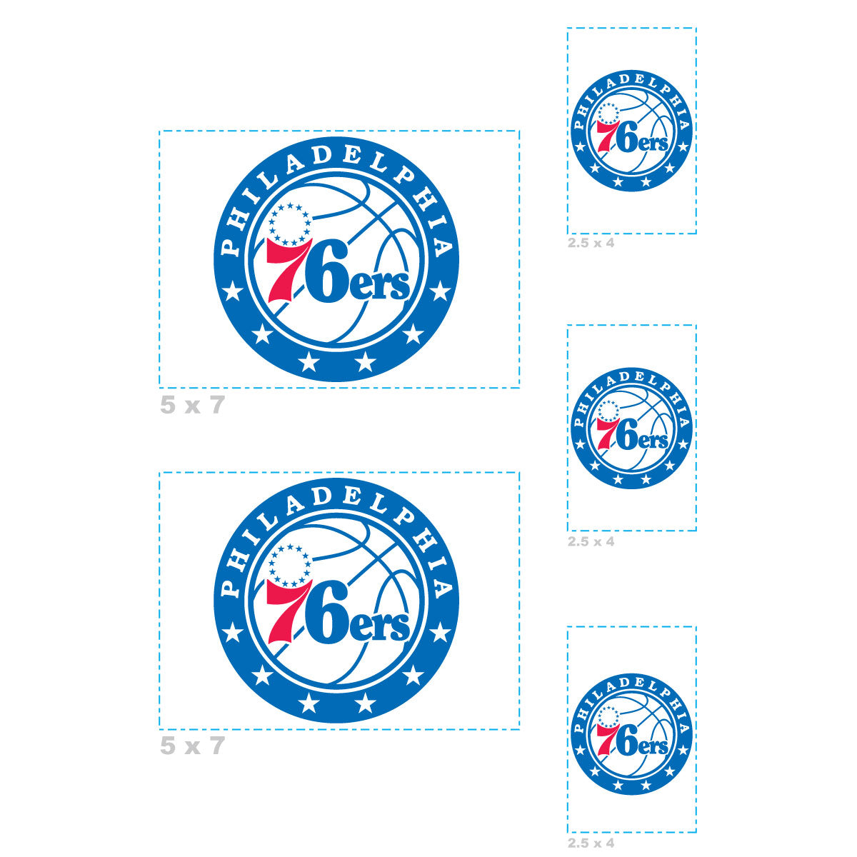 Sheet of 5 -Philadelphia 76ers:   Logos Mini        - Officially Licensed NBA Removable Wall   Adhesive Decal