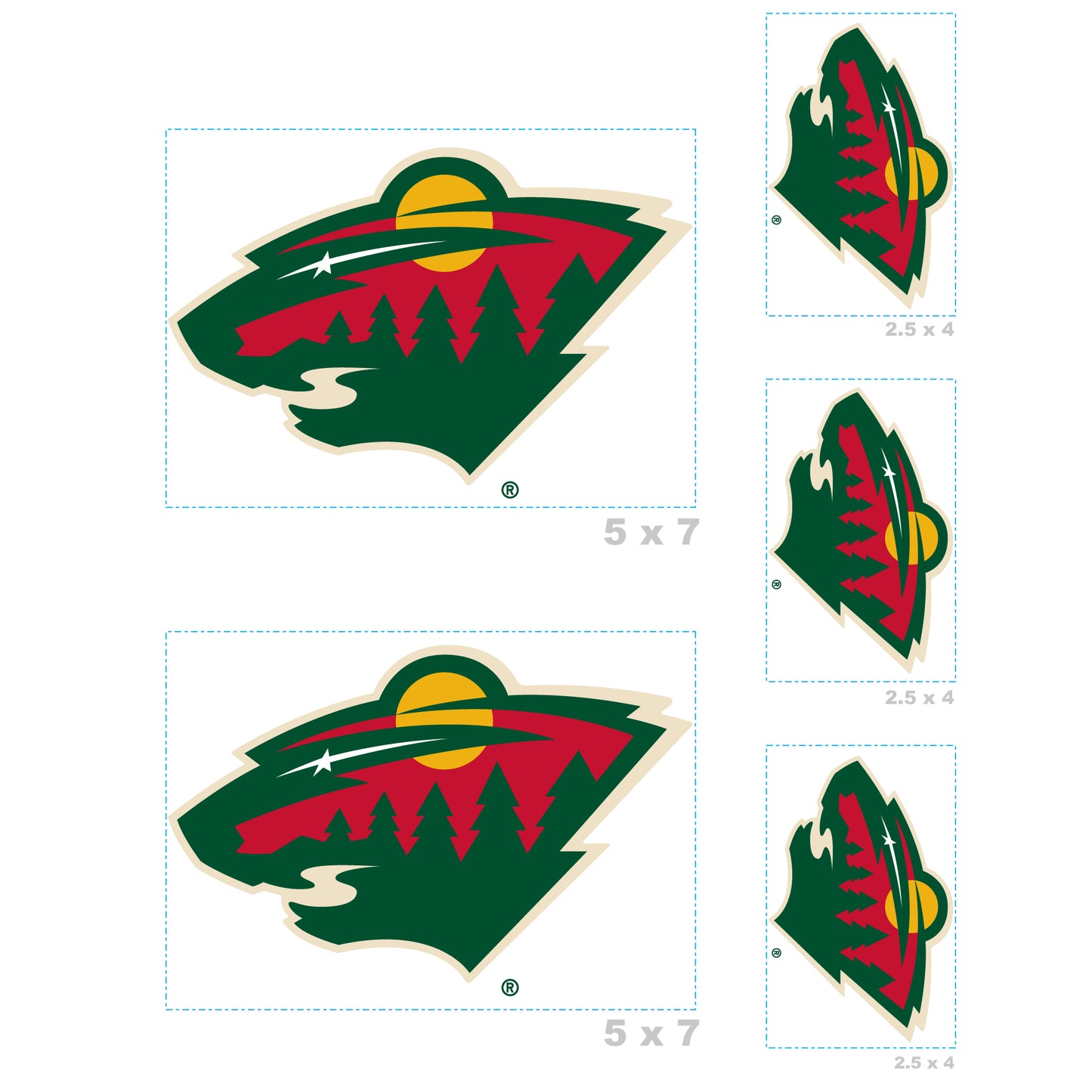 Sheet of 5 -Minnesota Wild:   Logo Minis        - Officially Licensed NHL Removable    Adhesive Decal