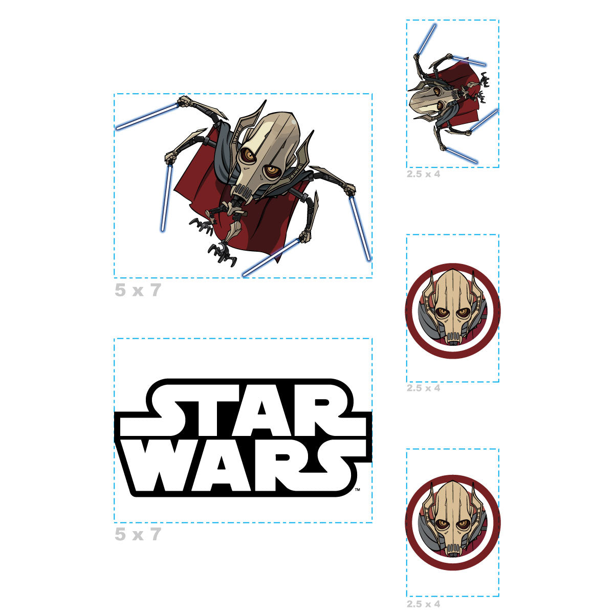 Sheet of 5 -GENERAL GRIEVOUS POP ART Minis        - Officially Licensed Star Wars Removable    Adhesive Decal