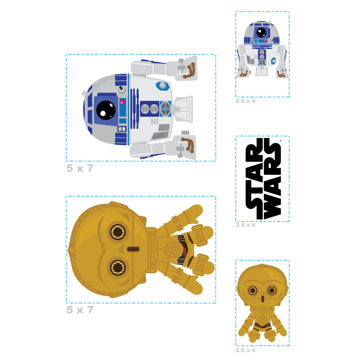 Sheet of 5 -C3PO R2D2 Minis        - Officially Licensed Star Wars Removable    Adhesive Decal