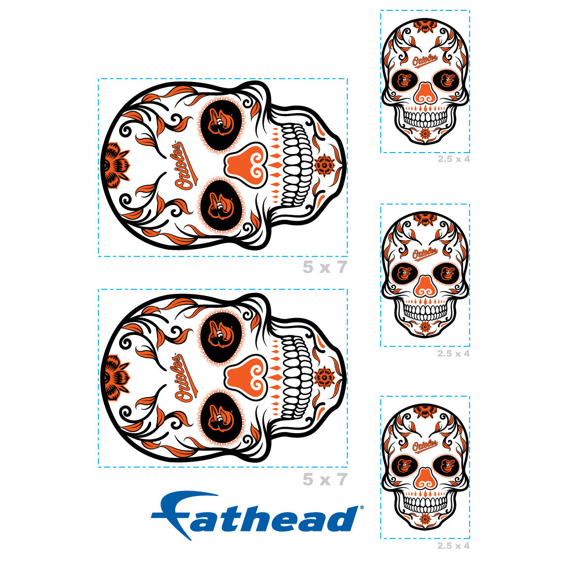Sheet of 5 -Baltimore Orioles: Skull Minis - Officially Licensed MLB Removable Adhesive Decal