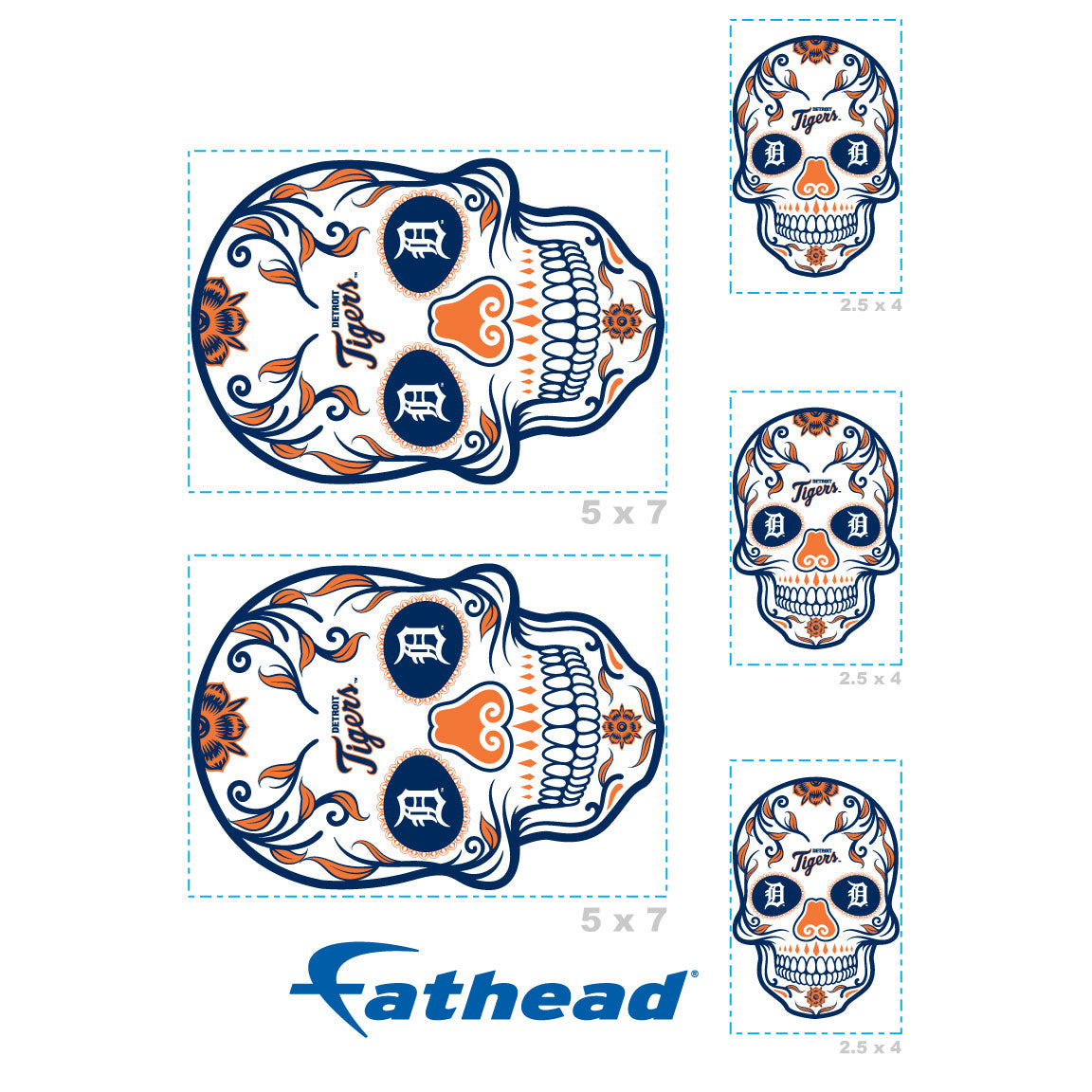 Sheet of 5 -Detroit Tigers: Skull Minis - Officially Licensed MLB Removable Adhesive Decal