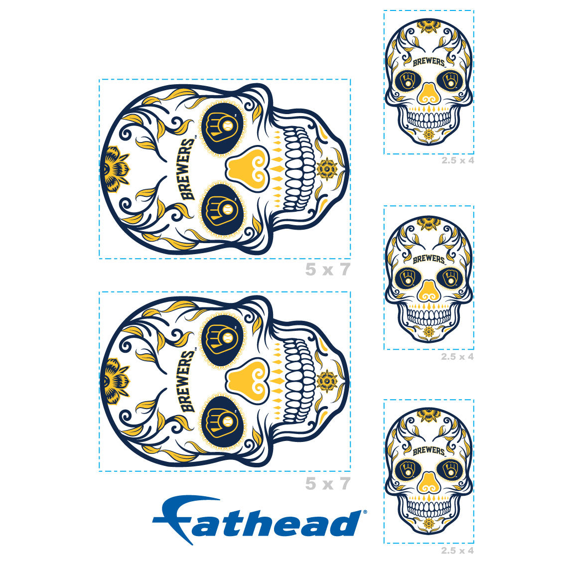 Sheet of 5 -Milwaukee Brewers: Skull Minis - Officially Licensed MLB Removable Adhesive Decal