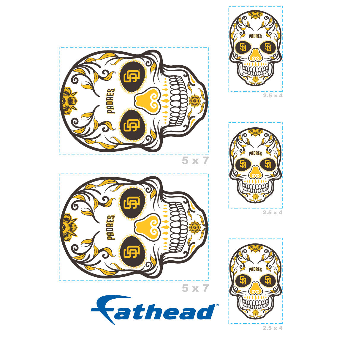 San Diego Padres - 5 Sugar Skull Logo Minis (Mixed Sizes) - Official MLB - Reusable Vinyl Decals