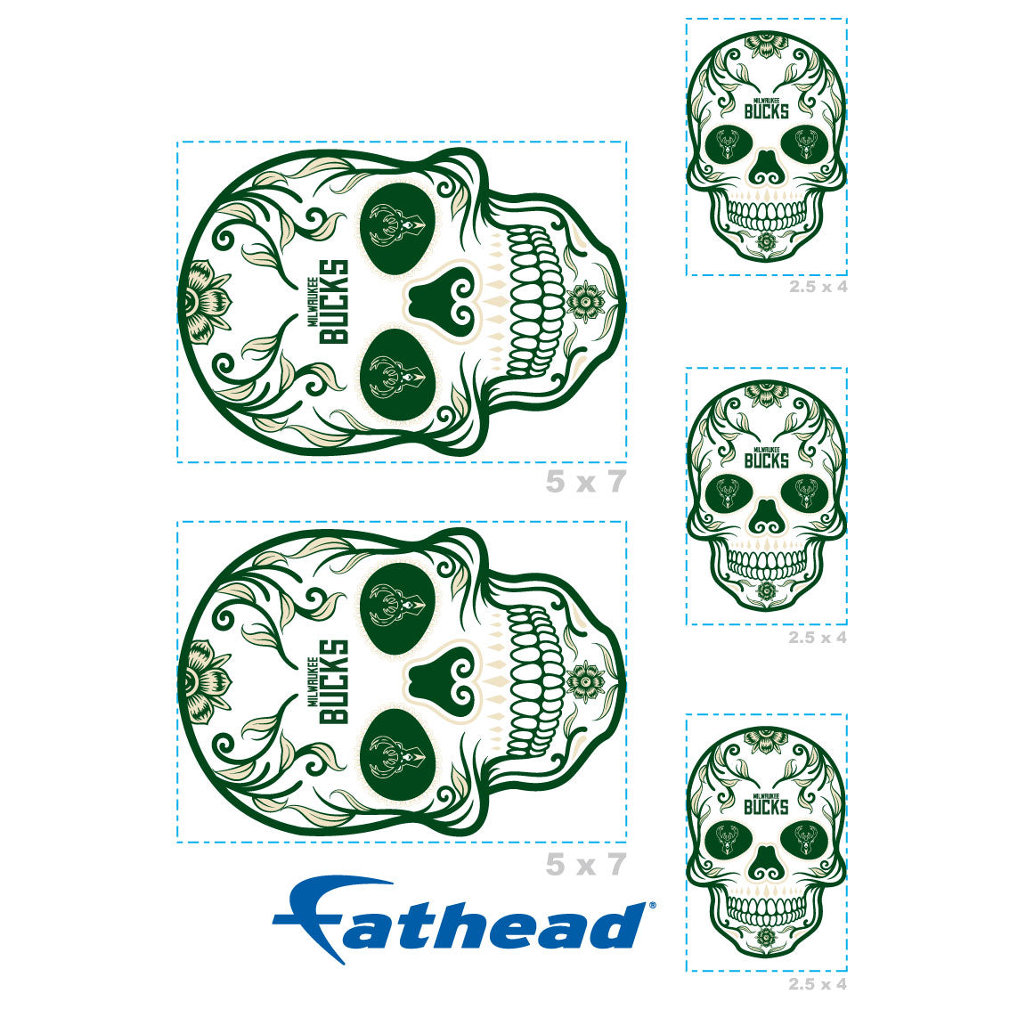 Milwaukee Bucks - 5 Sugar Skull Logo Minis (Mixed Sizes) - Official NBA - Reusable Vinyl Decals