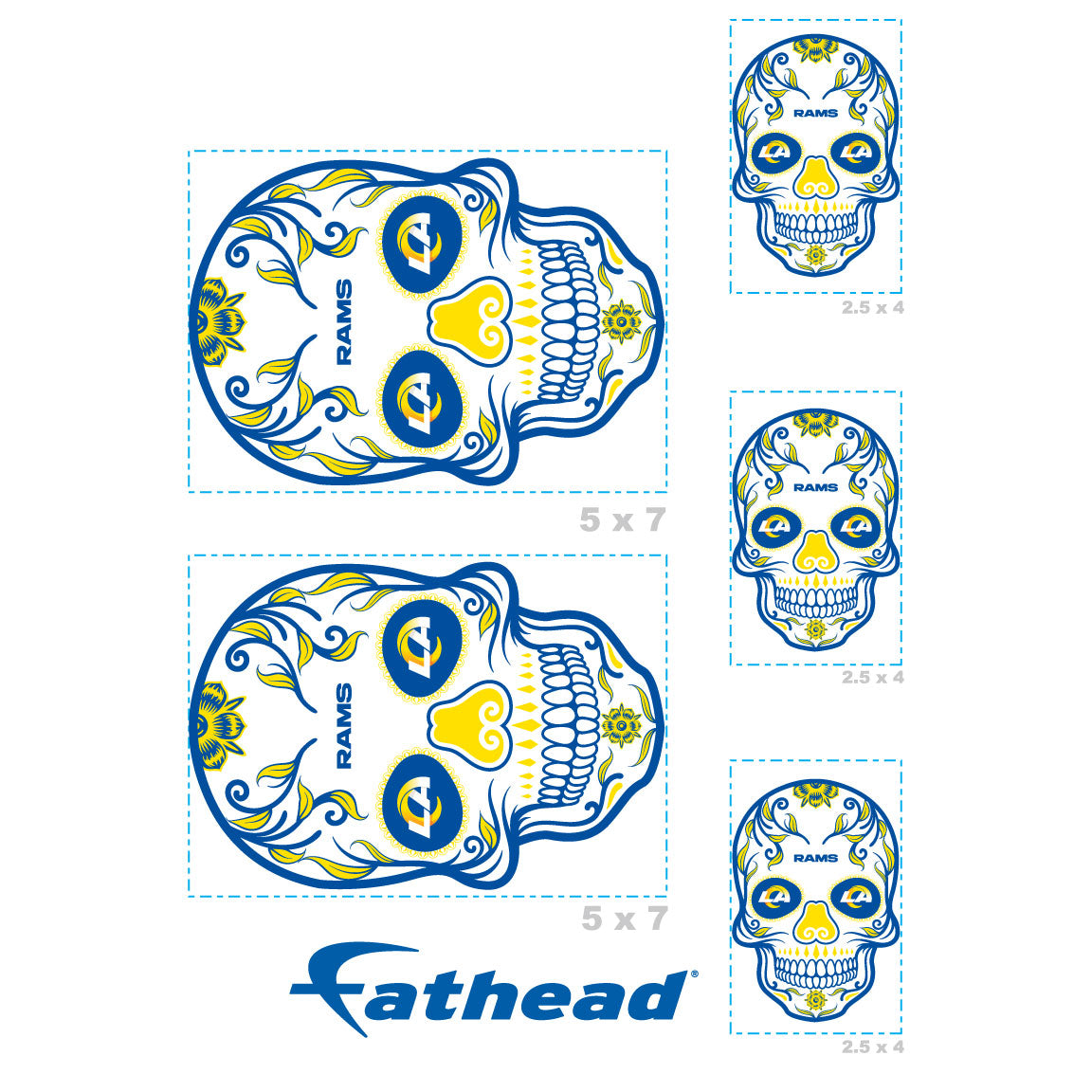Sheet of 5 -Los Angeles Rams: Skull Minis - Officially Licensed NFL Removable Adhesive Decal