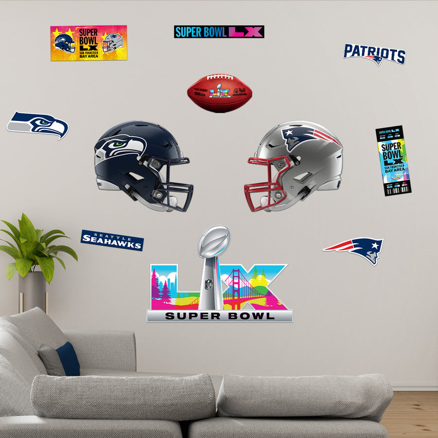 Super Bowl LX - Realbig Party Pack Collection - Official NFL - Seattle Seahawks & New England Patriots - Reusable Vinyl Wall Decals