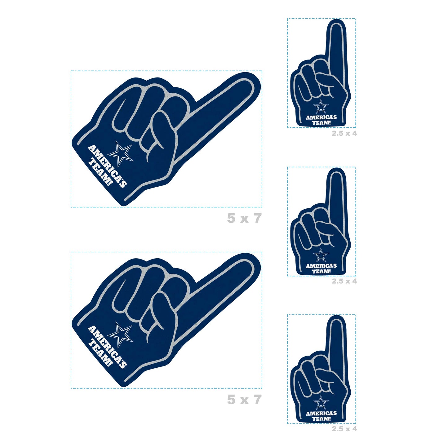 Dallas Cowboys - 4 Foam Finger Minis (Mixed Sizes) - Official NFL - Reusable Vinyl Decals