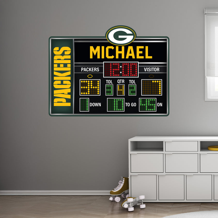 Green Bay Packers - Scoreboard Graphic - With Personalized Name - Official NFL - Reusable Vinyl Wall Decals