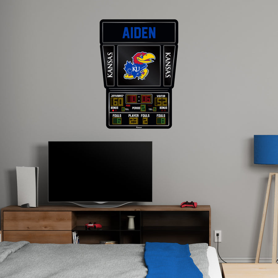 Kansas Jayhawks - Basketball Scoreboard Graphic - With Personalized Name - Official NCAA - Reusable Vinyl Wall Decals