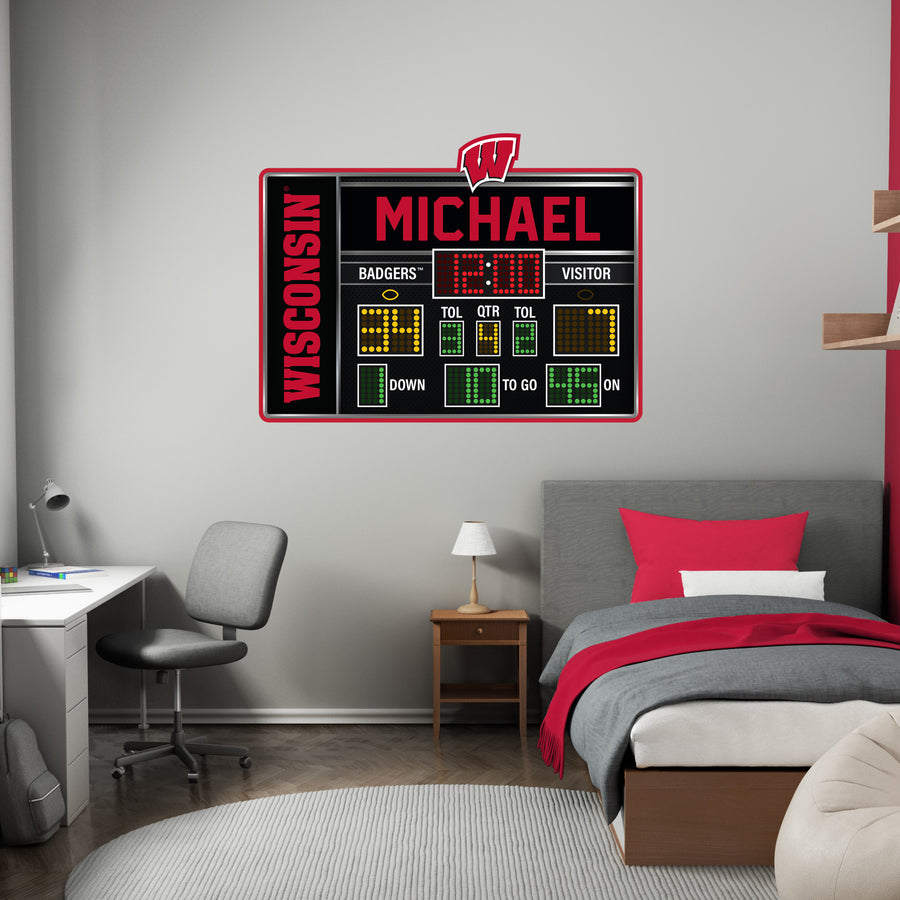 Wisconsin Badgers - Scoreboard Graphic - With Personalized Name - Official NCAA - Reusable Vinyl Wall Decal