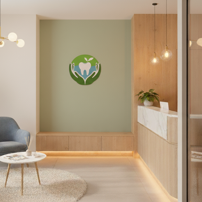 Custom business logo on wall of a tooth with hands in a dentist's office