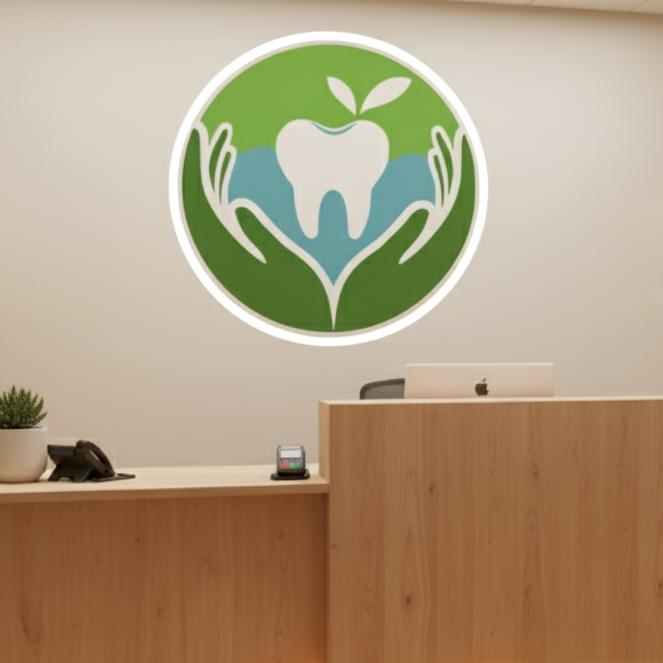 Custom business logo on wall of a tooth with hands in a dentist's office