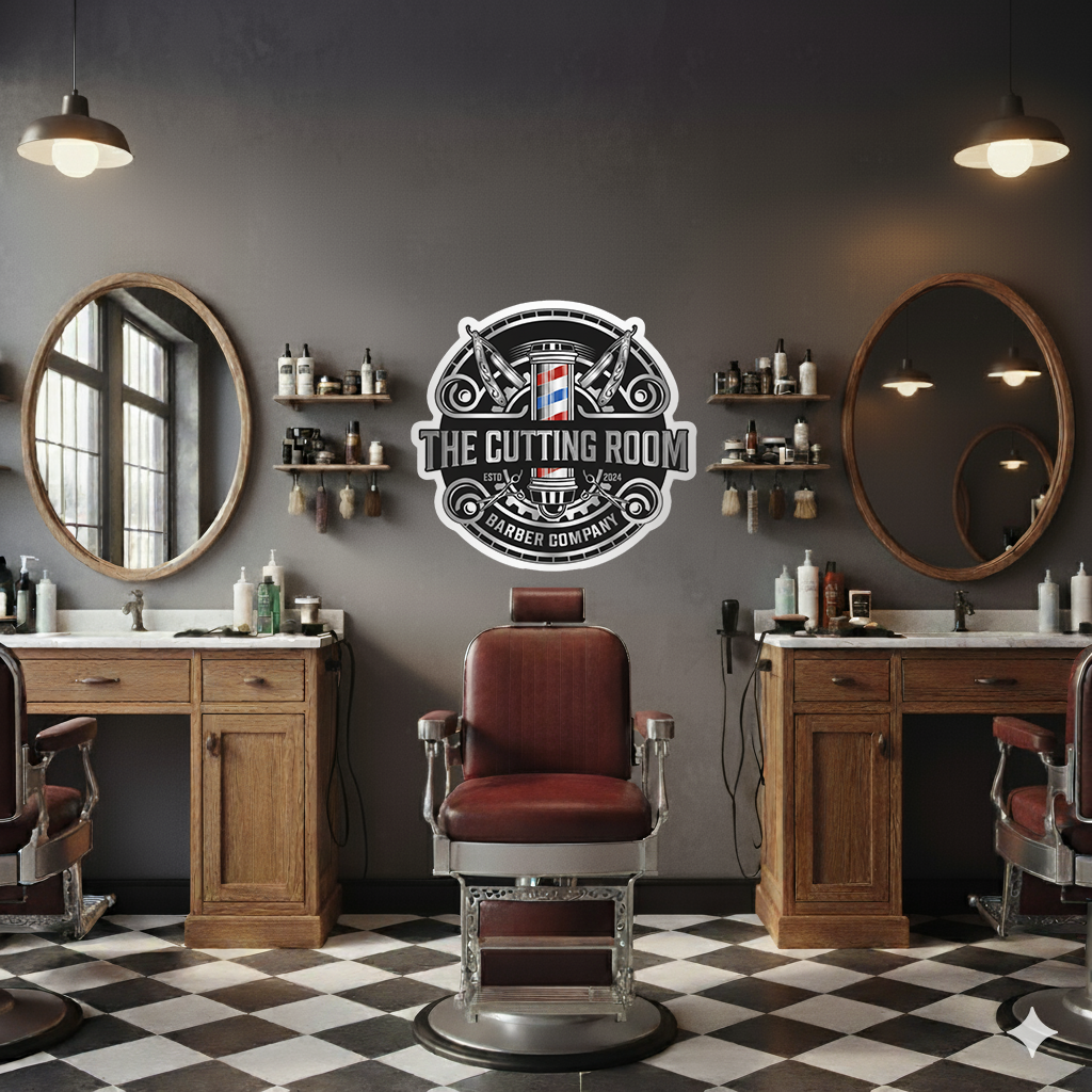 Barbershop interior with vintage chair, mirrors, and 'The Cutting Room' logo on the wall.