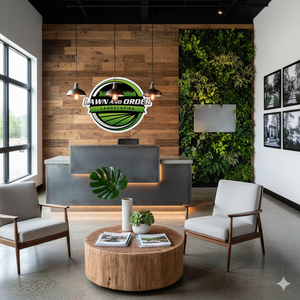 Modern office lobby with 'Lawn and Order Landscaping' logo on a wooden wall.