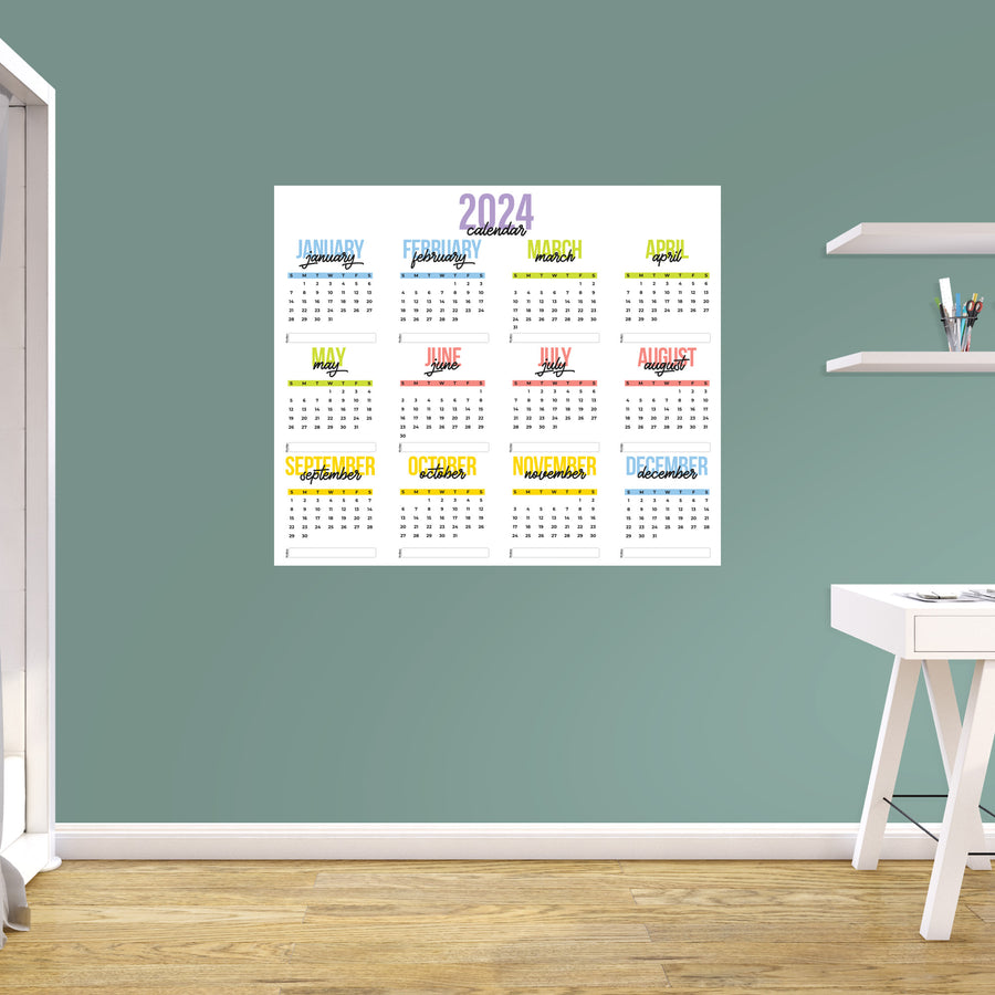 2024 Calendar:  Colorful Dry Erase        -   Removable     Adhesive Decal