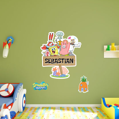 Spongebob Squarepants: Group Wooden Sign Personalized Name Icon        - Officially Licensed Nickelodeon Removable     Adhesive Decal
