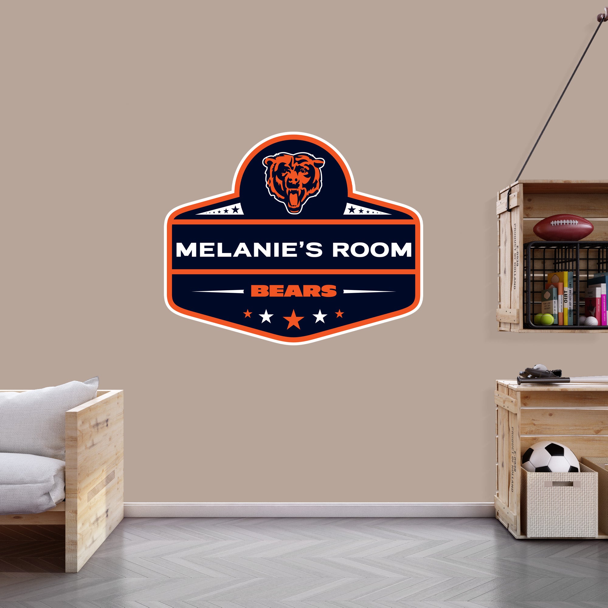 Chicago Bears: Bear Logo Stacked Personalized Name - NFL Transfer Wall Decal in Orange (52W x 39.5H)