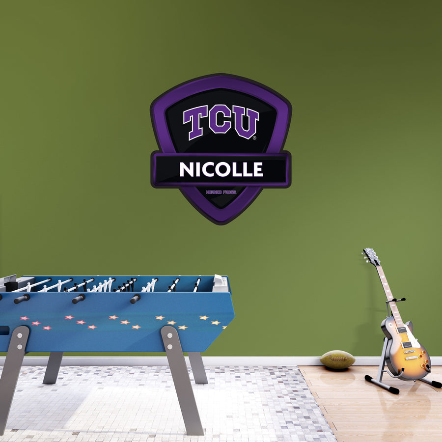 TCU Horned Frogs - Badge - With Personalized Name - Official NCAA - Vinyl Transfer Decal