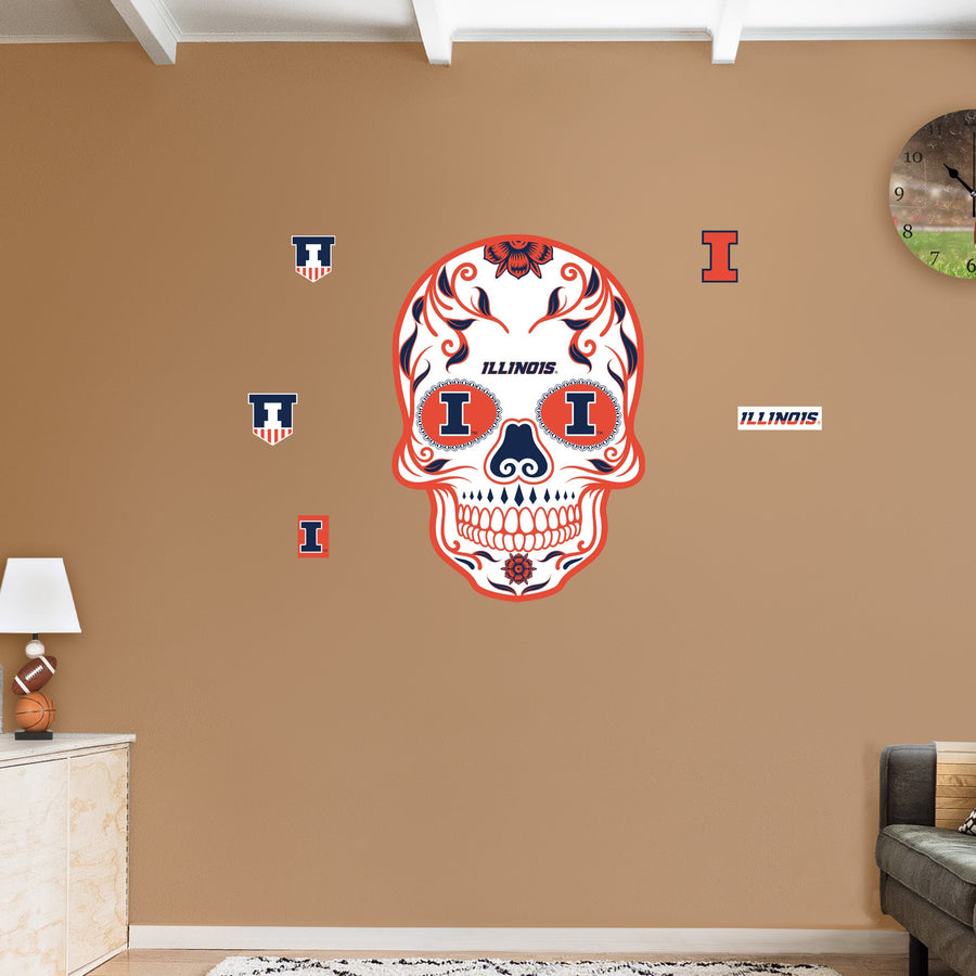 Illinois Fighting Illini - RealBig Sugar Skull Collection - Official NCAA - Reusable Vinyl Wall Decals