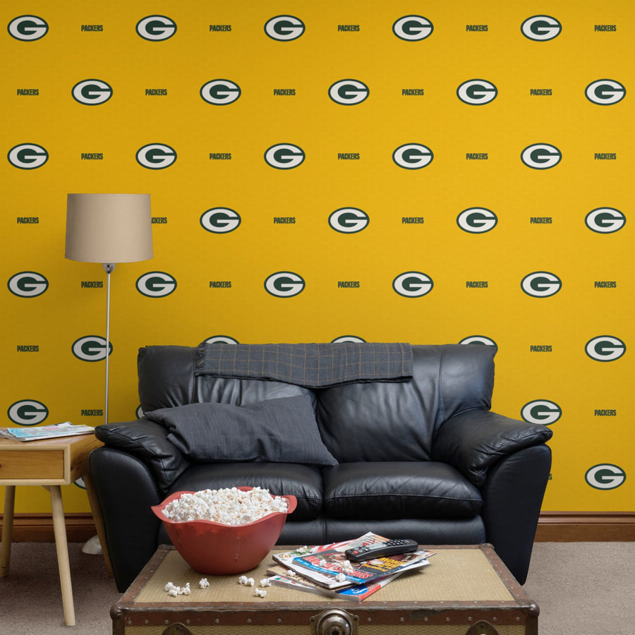 Green Bay Packers (Yellow) - Hexagon Pattern - Peel & Stick Wallpaper - Official NFL - Reusable Vinyl Wall Decals
