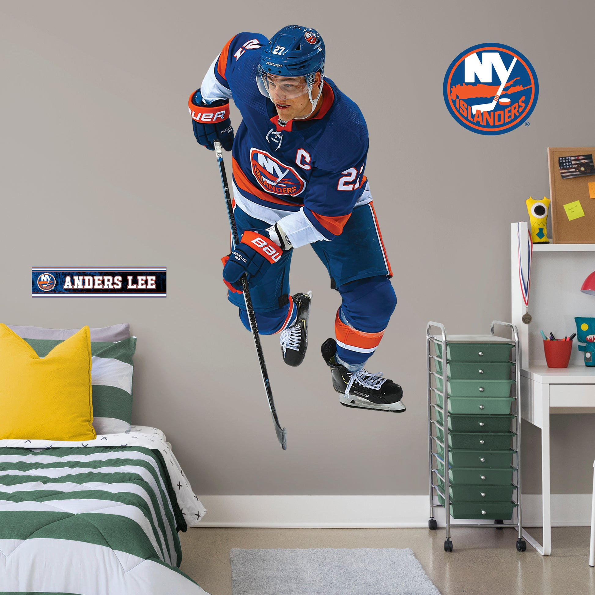 Life-Size Athlete + 2 Decals (39"W x 76"H) NHL fans and Islanders fanatics alike love Anders Lee, the clutch captain from New York, and now you can bring the action to life in your own home! This durable, bold, and removable wall decal set will make the perfect addition to your bedroom, office, or fan room! Let's Go Islanders!