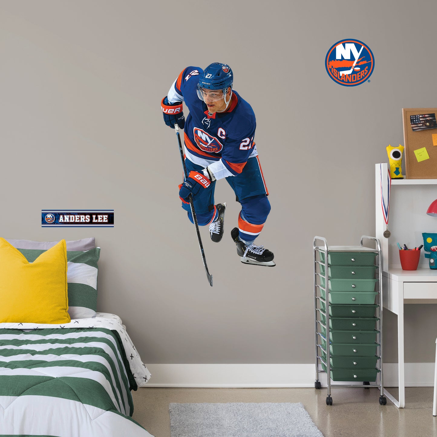 Giant Athlete + 2 Decals (26"W x 51"H) NHL fans and Islanders fanatics alike love Anders Lee, the clutch captain from New York, and now you can bring the action to life in your own home! This durable, bold, and removable wall decal set will make the perfect addition to your bedroom, office, or fan room! Let's Go Islanders!