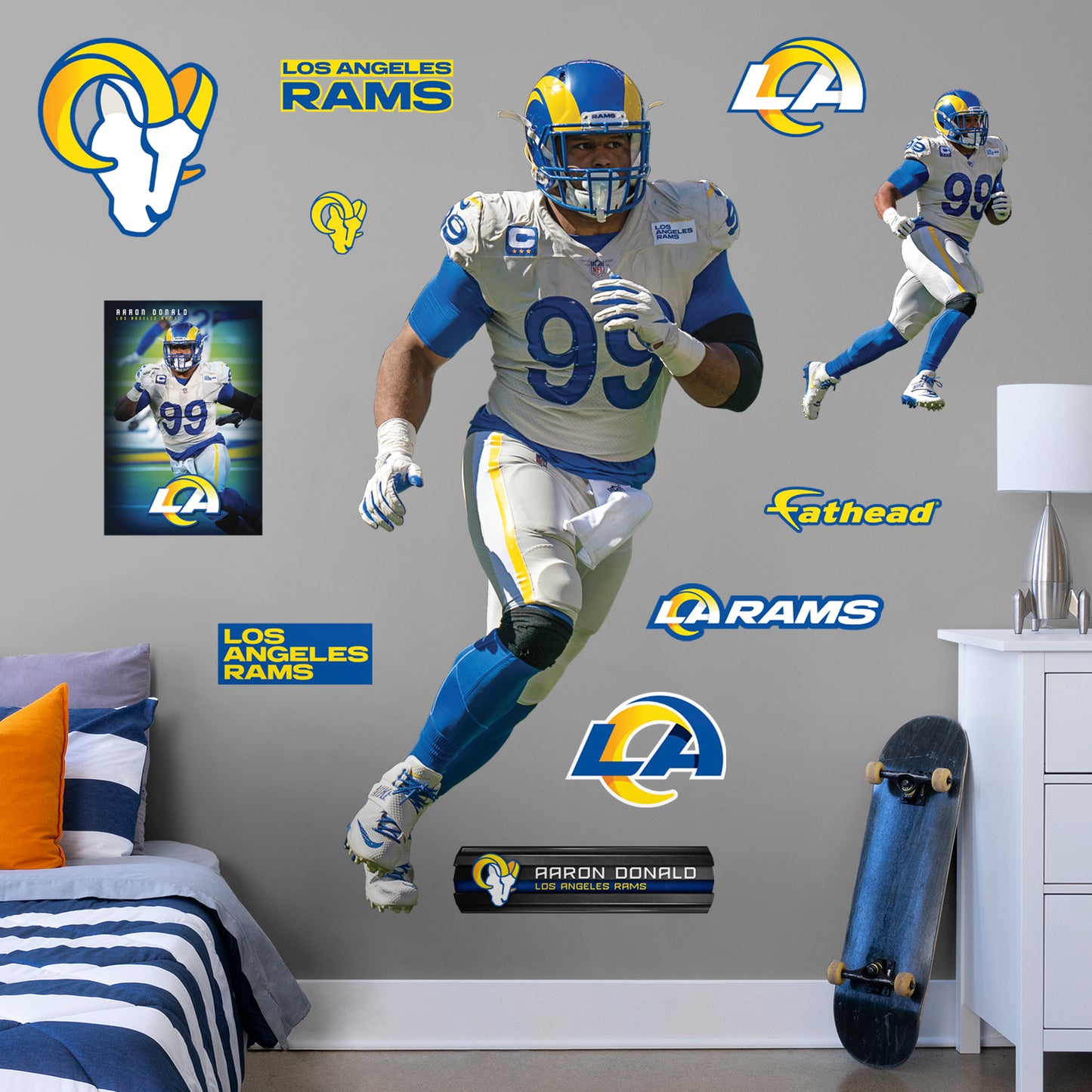 Life-Size Athlete + 11 Decals Rams fans know and love Aaron Donald as the star defensive tackle from their favorite team and now they can bring home that Los Angeles pride with an Aaron Donald Removable Wall Decal Set! This wall decal is vibrant and durable so you'll be able to stick it and move it over and over again. Go Rams!