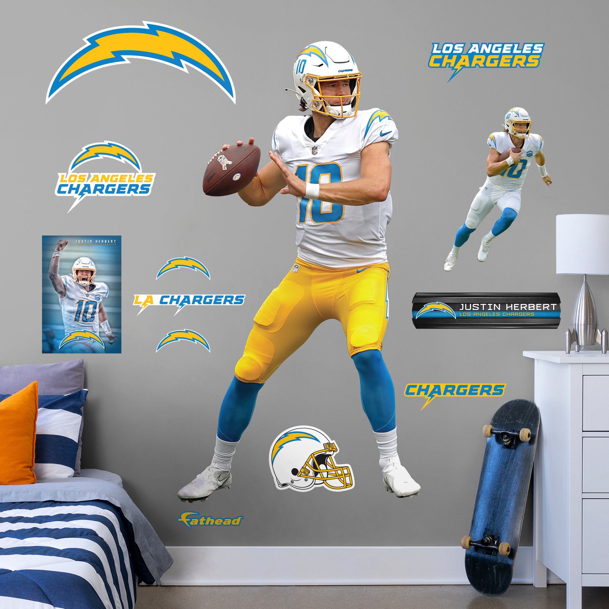 Life-Size Athlete + 11 Decals Bring the action of the NFL into your home with a wall decal of Justin Herbert! High quality, durable, and tear resistant, you'll be able to stick and move it as many times as you want to create the ultimate football experience in any room!