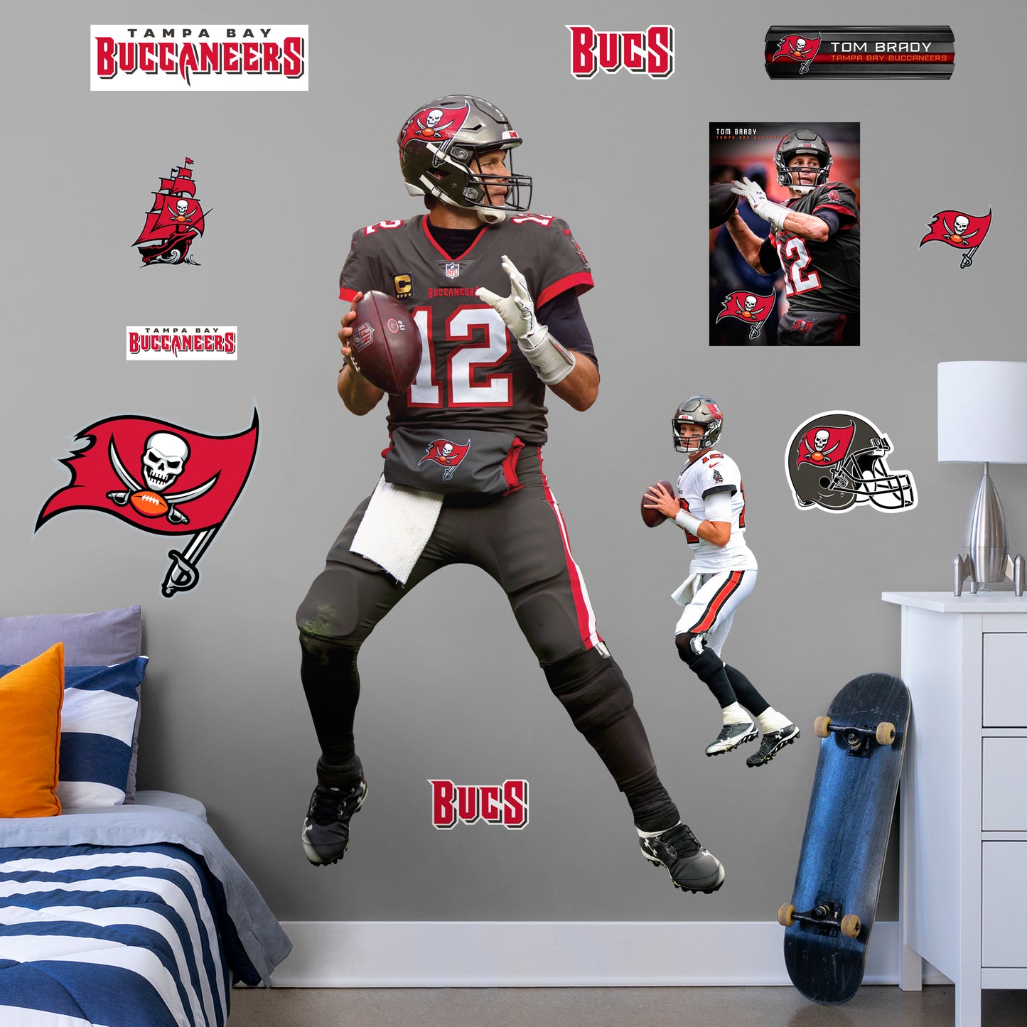 Tom Brady for Tampa Bay Buccaneers: Pewter Jersey - NFL Removable Wall Decal Life-Size Athlete + 11 Wall Decals 42'W x 78'H