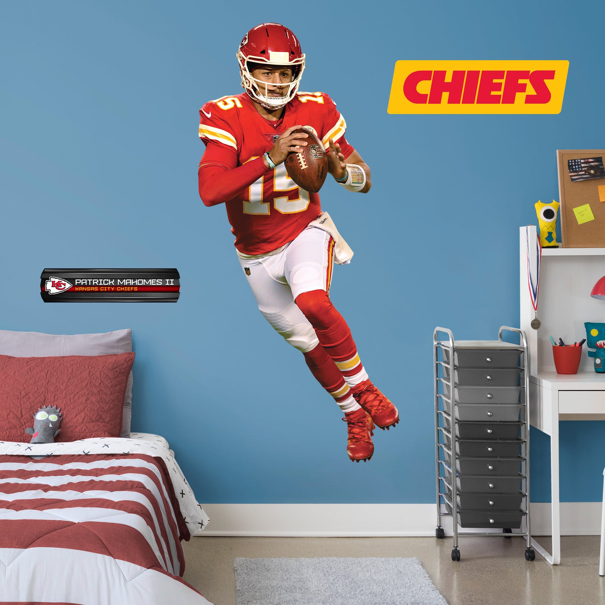 Life-Size Athlete + 2 Decals (40"W x 78"H) Bring the action of the NFL into your home with a wall decal of Patrick Mahomes! High quality, durable, and tear resistant, you'll be able to stick and move it as many times as you want to create the ultimate football experience in any room!