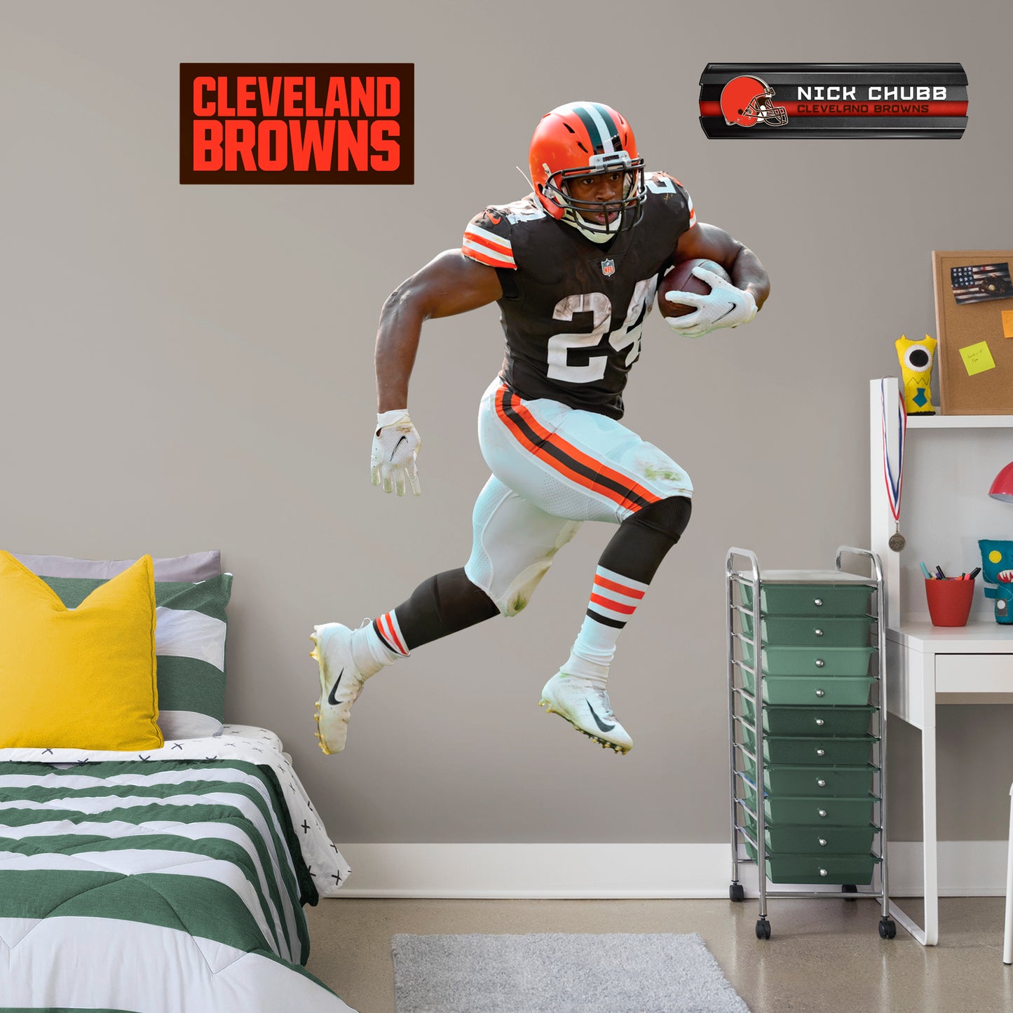 Life-Size Athlete + 2 Decals (51"W x 72.5"H) Bring the action of the NFL into your home with a wall decal of Nick Chubb! High quality, durable, and tear resistant, you'll be able to stick and move it as many times as you want to create the ultimate football experience in any room!