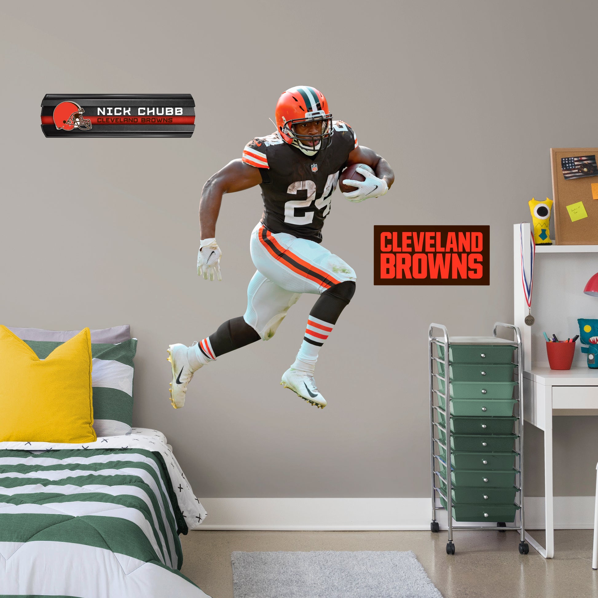 Giant Athlete + 2 Decals Bring the action of the NFL into your home with a wall decal of Nick Chubb! High quality, durable, and tear resistant, you'll be able to stick and move it as many times as you want to create the ultimate football experience in any room!