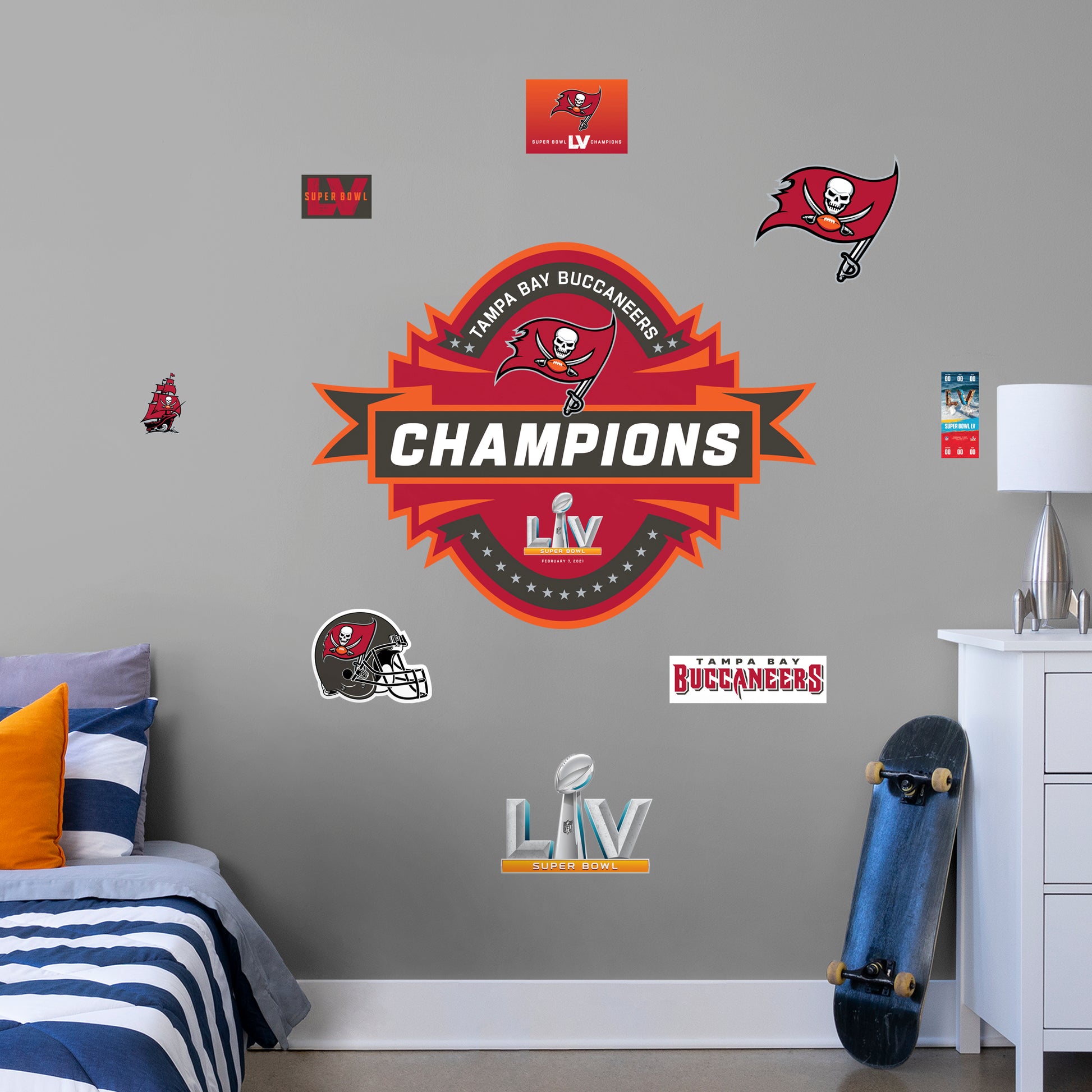 Tampa Bay Buccaneers Super Bowl 55 Champions Logo - NFL Removable Wall Decal Giant Logo + 8 Wall Decals 45W x 35H