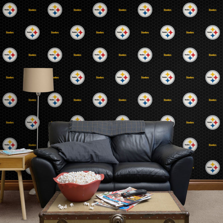 Pittsburgh Steelers (Black) - Hexagon Pattern - Peel & Stick Wallpaper - Official NFL - Reusable Vinyl Wall Decals