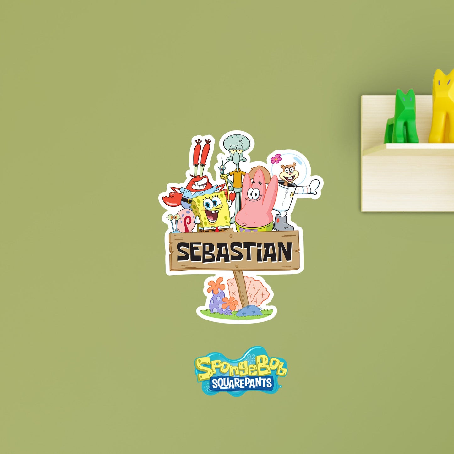 Spongebob Squarepants: Group Wooden Sign Personalized Name Icon - Officially Licensed Nickelodeon Removable Adhesive Decal