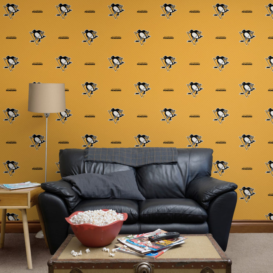Pittsburgh Penguins (Yellow) - Stripes Pattern - Peel & Stick Wallpaper - Official NHL - Reusable Vinyl Wall Decals